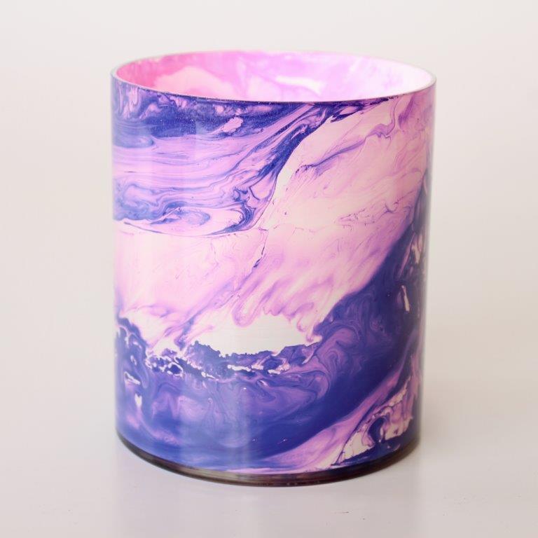 BRIGHT PINK & PURPLE SWIRL TEALIGHT GLASS CANDLE HOLDER  13X11CM